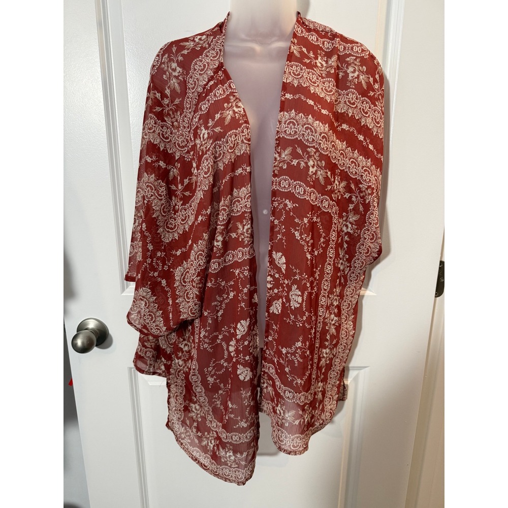 Christopher & Banks Rust Red Floral Sheer Kimono Wrap L/XL Open Front Boho